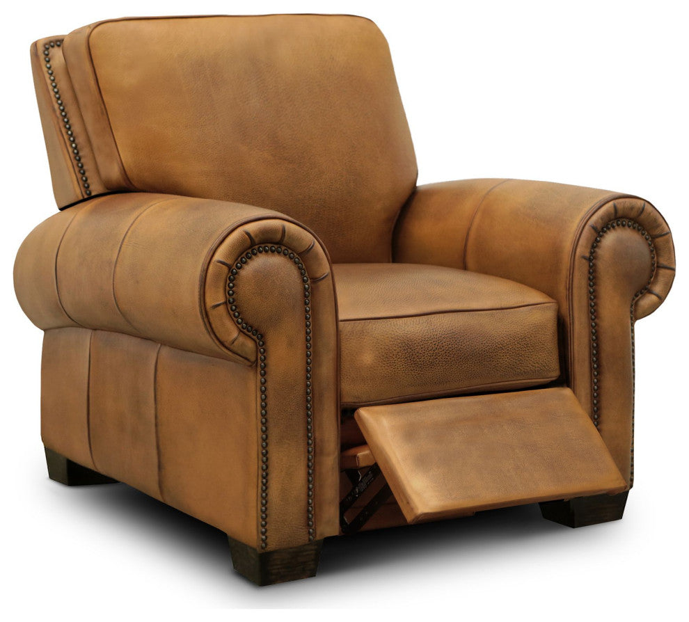 Valencia 100% Top Grain Hand Antiqued Leather Traditional Recliner, Tan