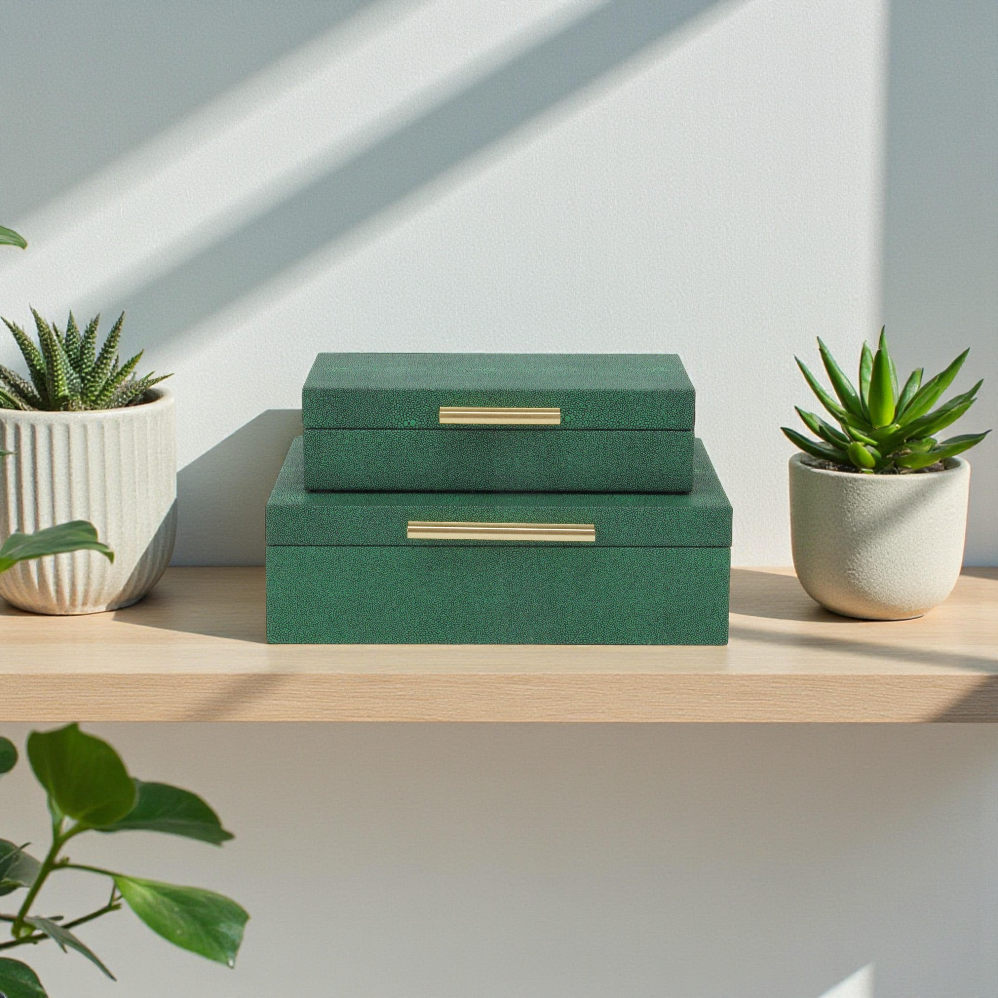 Lusan Rectangular Decorative Box Set, Green Faux Shagreen
