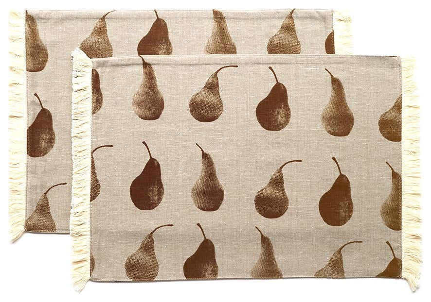 Set of Four Light Brown Pear Pattern Placemats and Four Matching Napkins