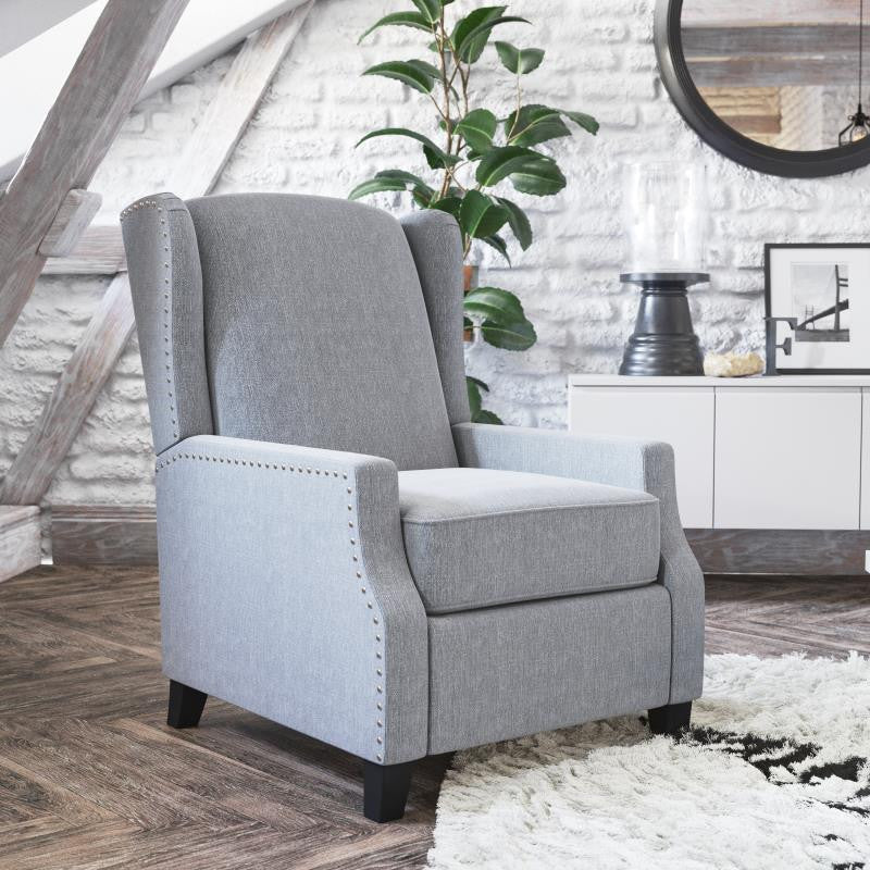 Prescott Push Back Wingback Recliner Chair- Fabric Upholstery-Accent Nail Trim, Gray