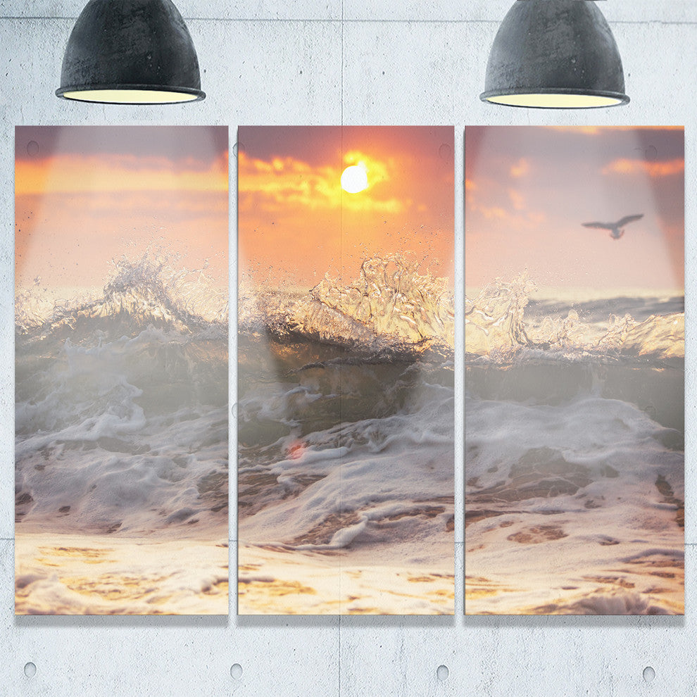 "Sunrise and Roaring Ocean Waves" Metal Wall Art, 3 Panels, 36"x28"