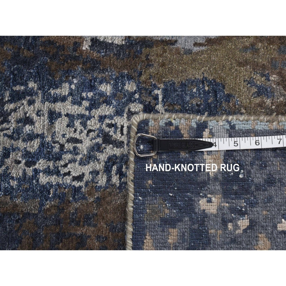 Blue, Hand Knotted, Abstract Design, Wool and Silk, Runner Rug, 2'8"x8'1"