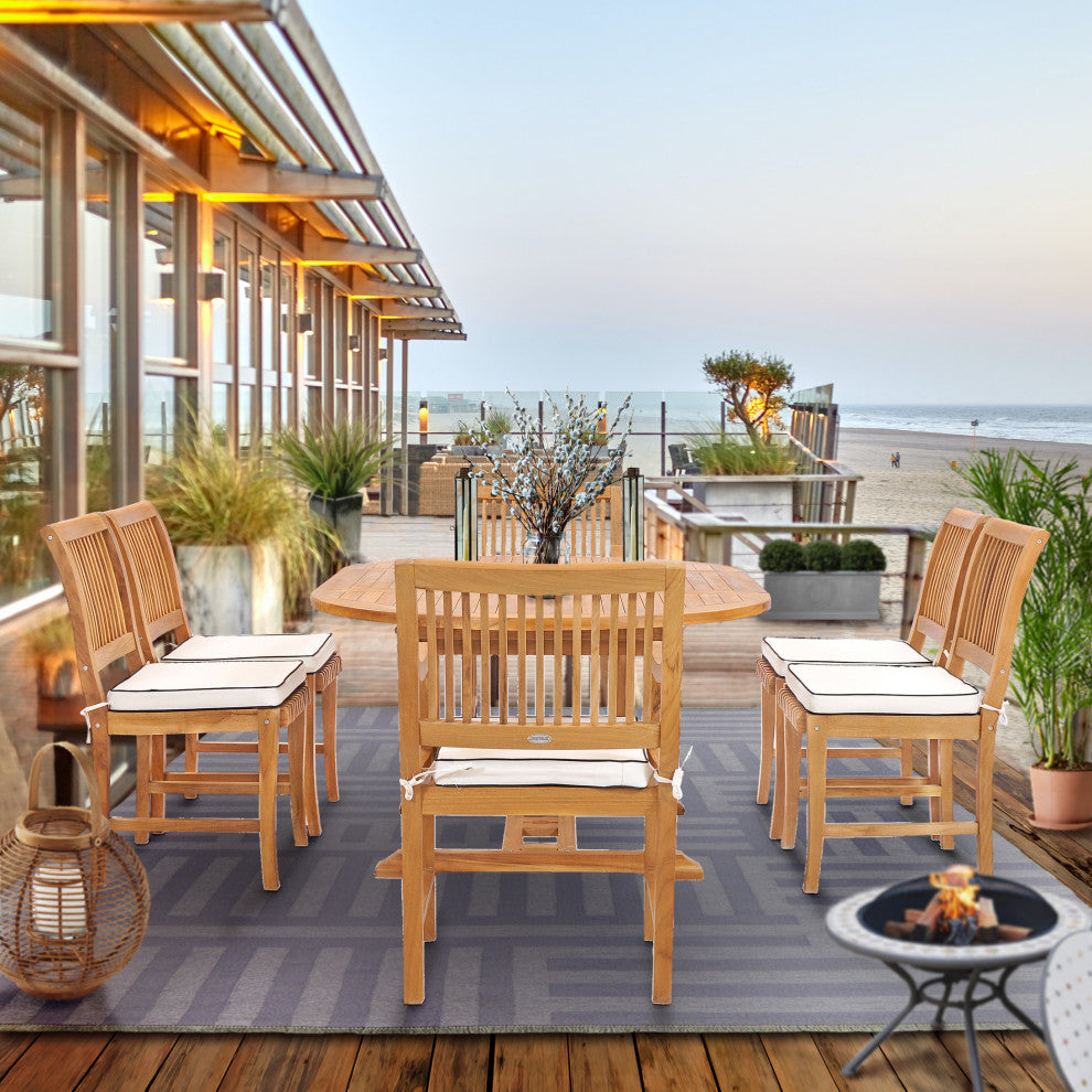 7 Piece Teak Wood Castle Patio Dining Set with Round to Oval Extension Table