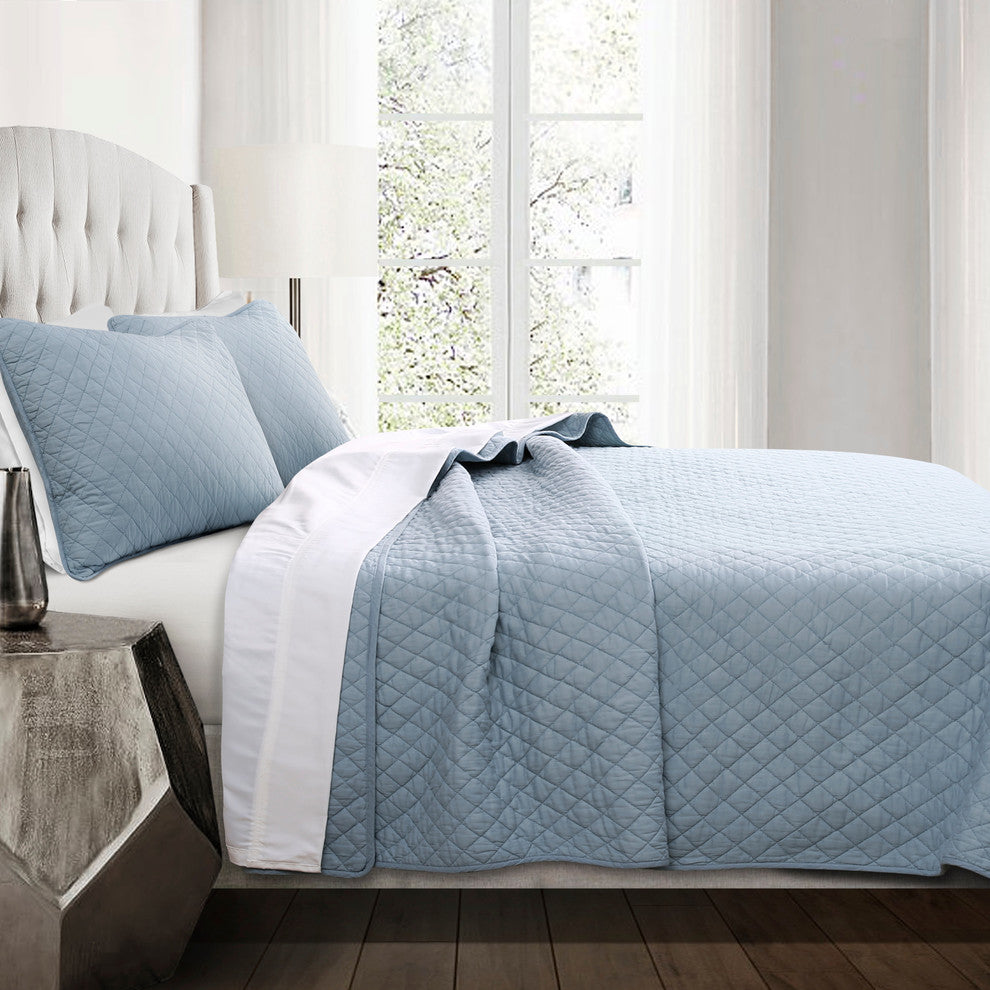 Ava Diamond Oversized Cotton 3-Piece Quilt Set, Blue, King