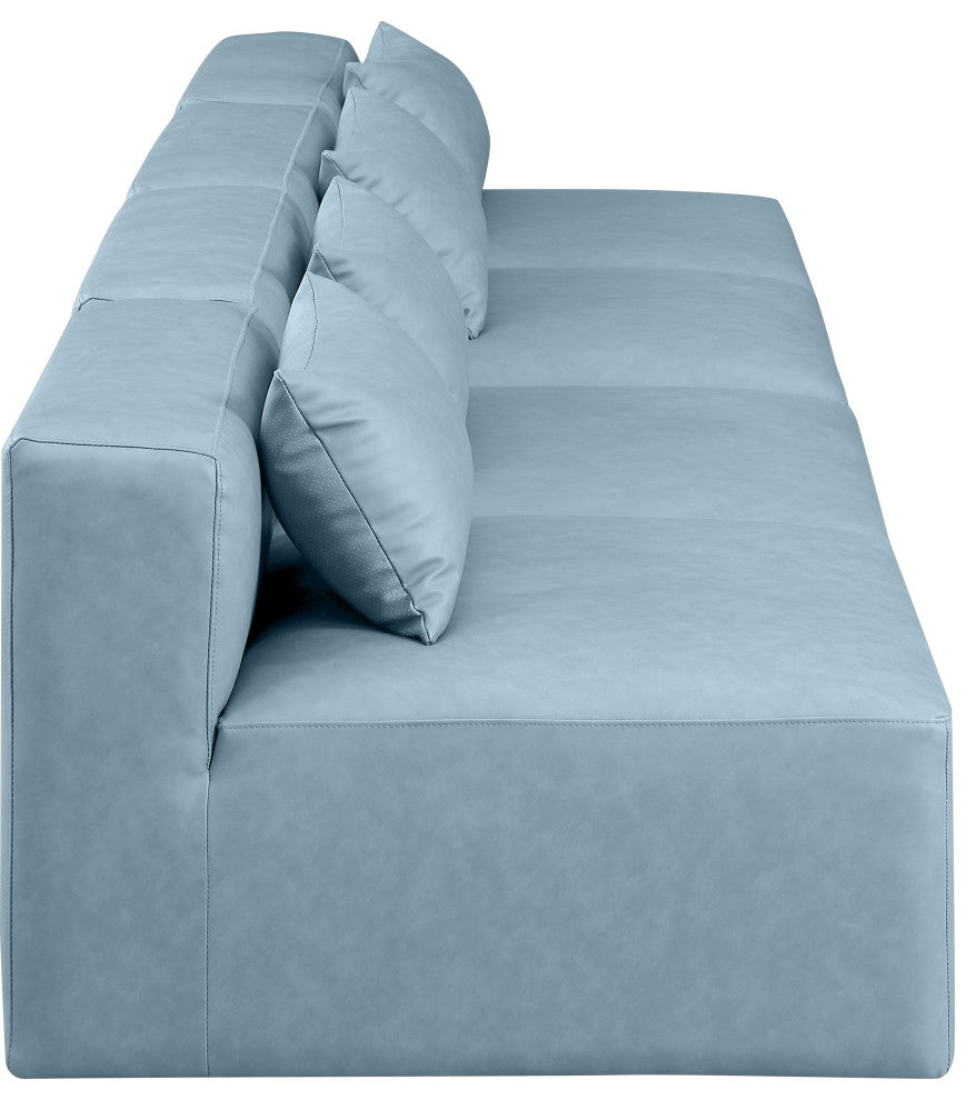 Cube Upholstered Modular Sofa, Light Blue, 4-Piece: 4 Armless Chair, Vegan Leather
