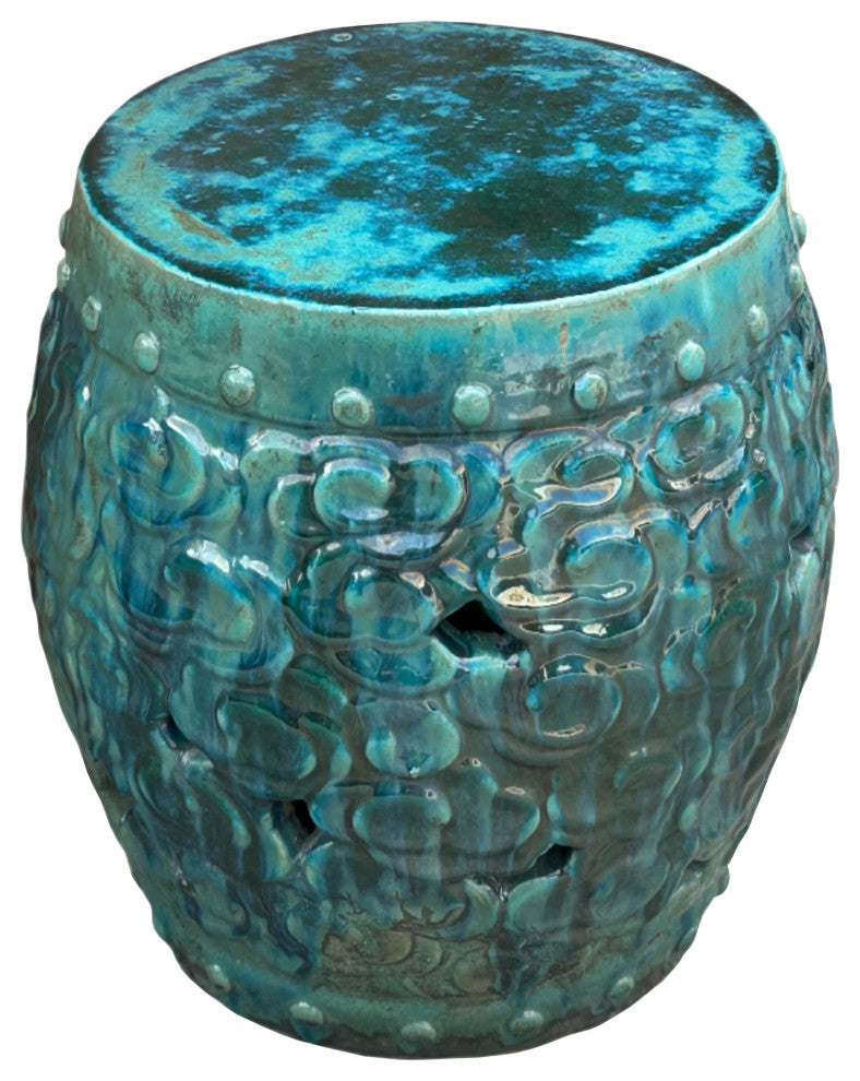 Green Teal Turquoise Swirl Cloud Pattern Round Ceramic Stool Table Hws4577