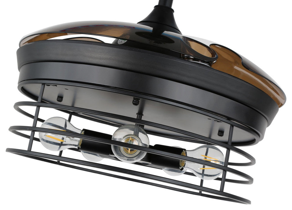 42" Black Industrial Retractable Ceiling Fan with Remote and Light Kit, Black