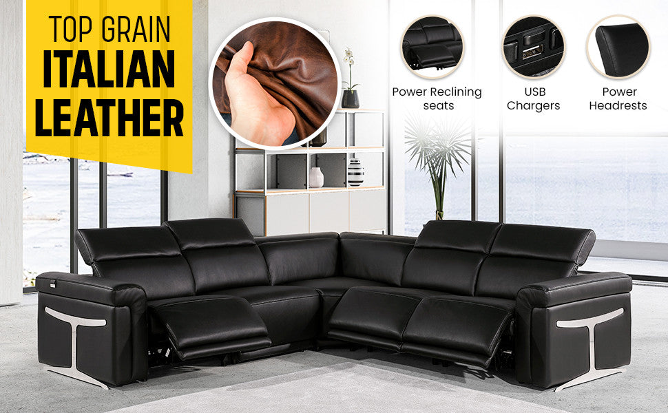 Giovanni 5-Piece 3-Power Reclining Italian Leather Sectional, Camel