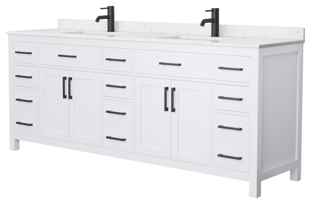 84"DBL Bathroom Vanity White, Carrara Cult. Marble Countertop, Sinks, Black Trim