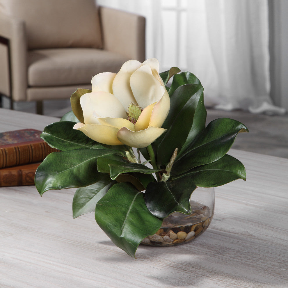 Large Southern White Magnolia Blossom Faux Floral Glass Vase