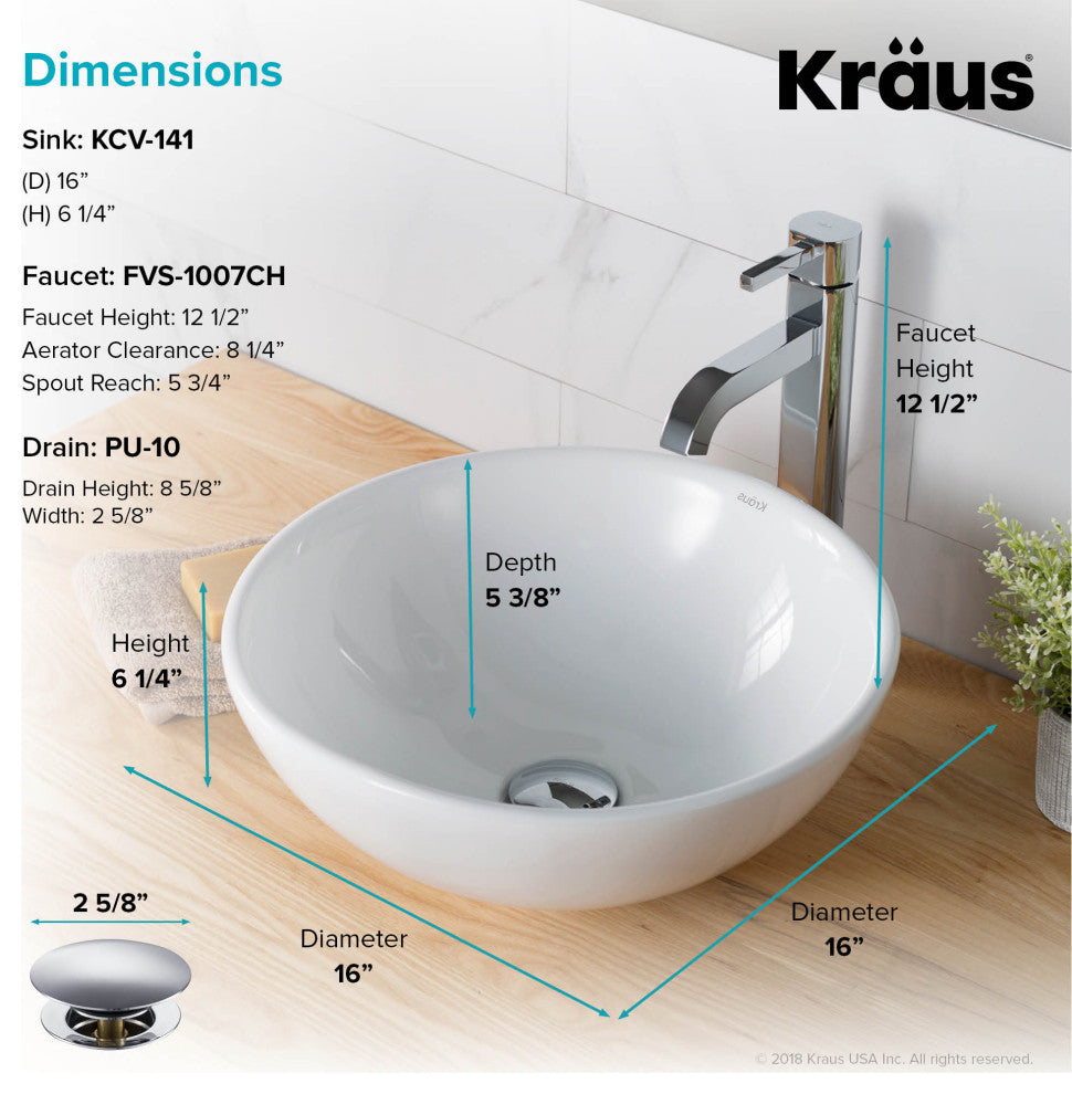 Elavo Round Ceramic Vessel Sink, Bathroom Ramus Faucet, PU Drain, Chrome