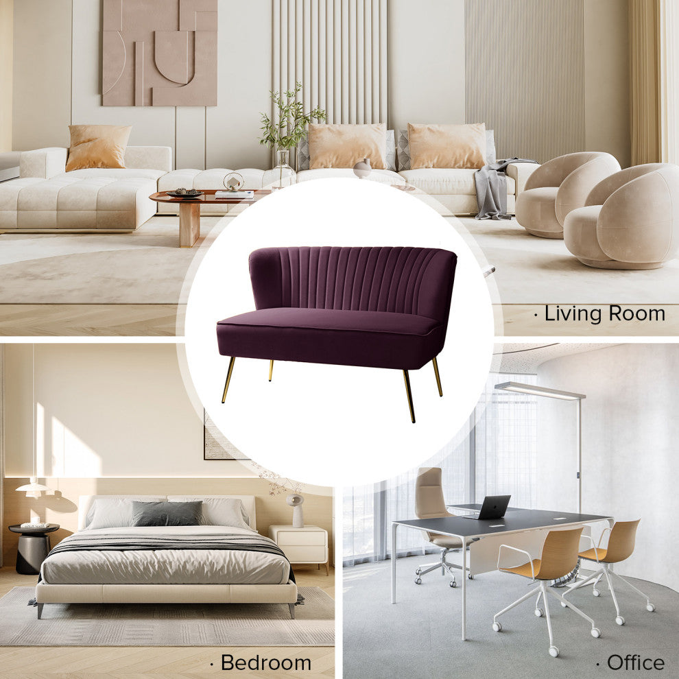 Velvet Tufted Loveseat Sofa With Golden Base, Purple