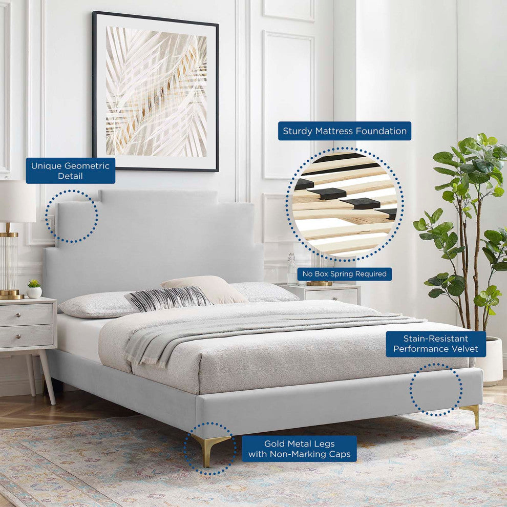Platform Bed Frame, King Size, Velvet, Light Gray, Modern Contemporary