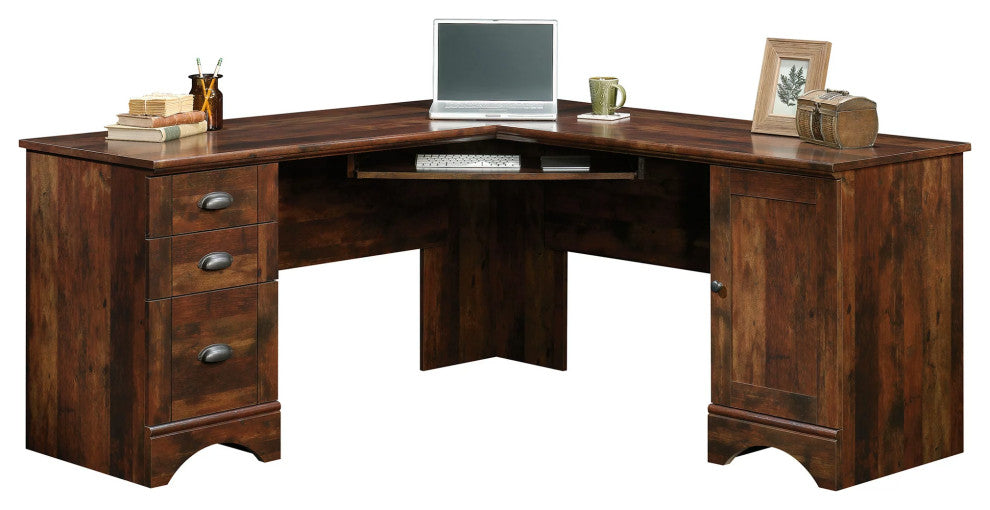 Transitional Desk, L-Shaped Design With Keyboard Tray & Drawers, Curado Cherry