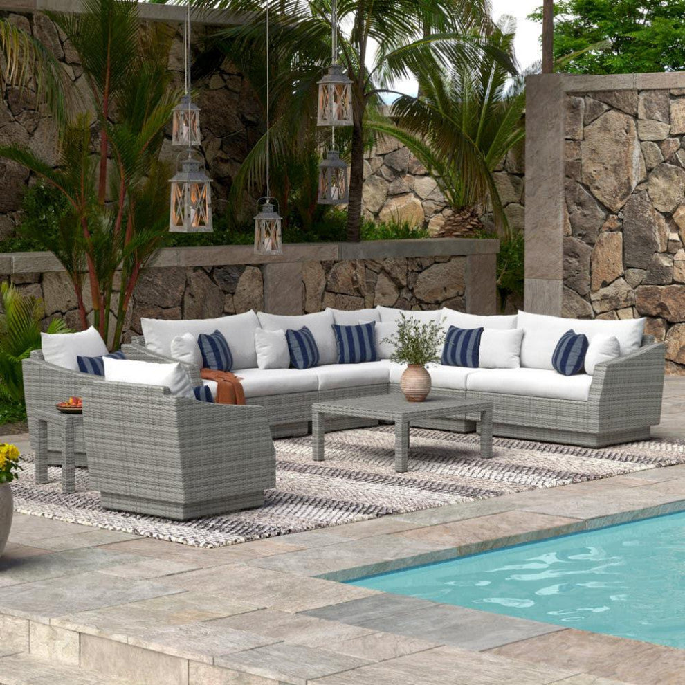 Cannes 9 Piece Sunbrella Outdoor Corner Sectional and Club Chair Seating Set, Centered Ink