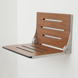 Silhouette Folding Wall Mount Shower Bench Seat, Rustic Teak, Silver Frame