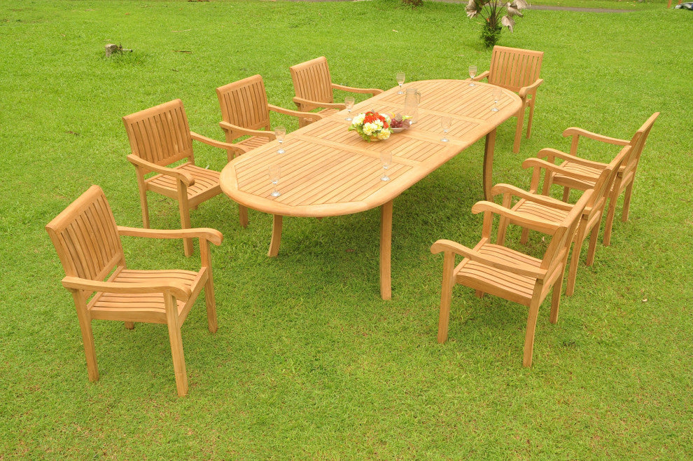 9 Piece Teak Dining Set, 117" Double Extn Oval Table and 8 Nain Stacking Chairs