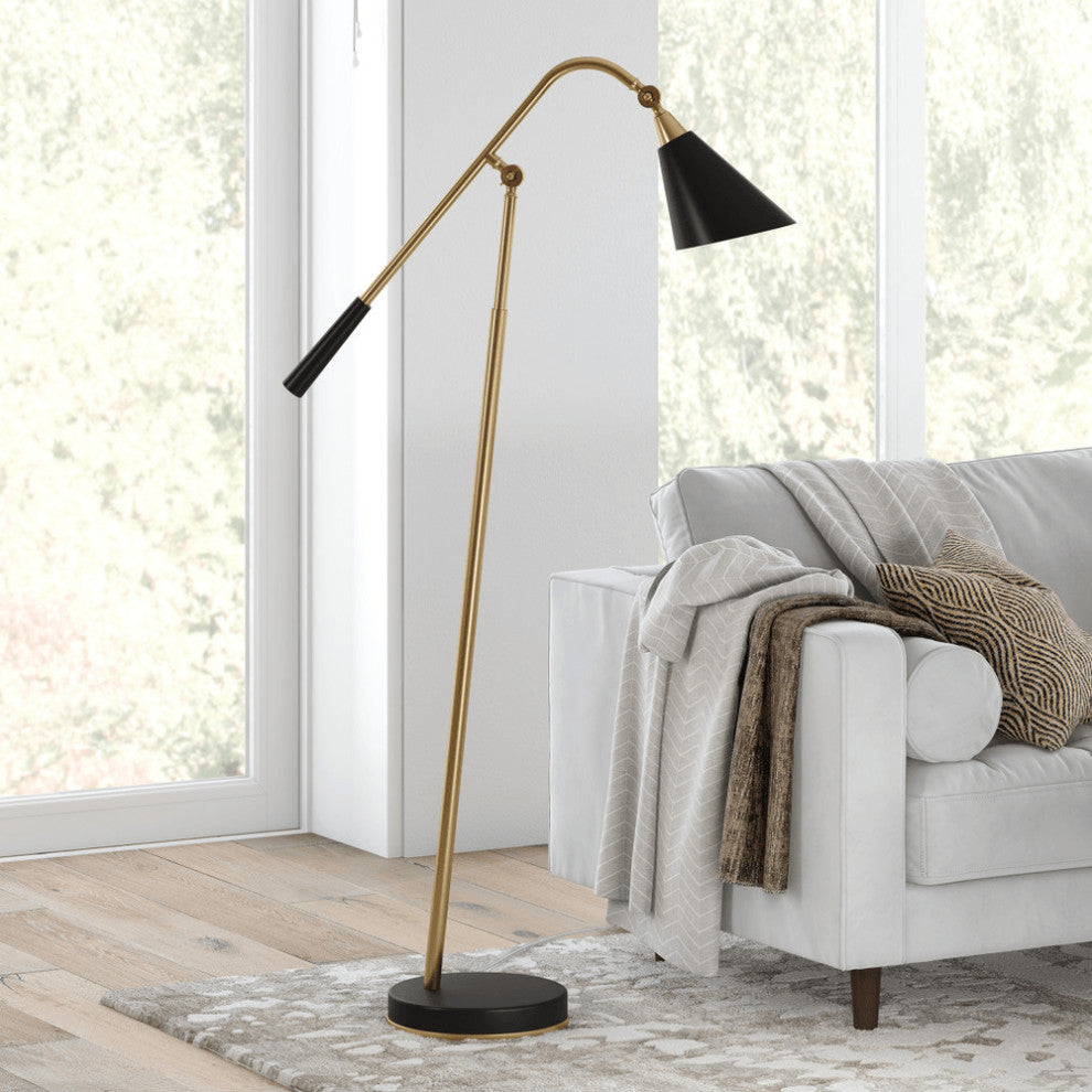 52" Black Swing Arm Floor Lamp With Black Cone Shade