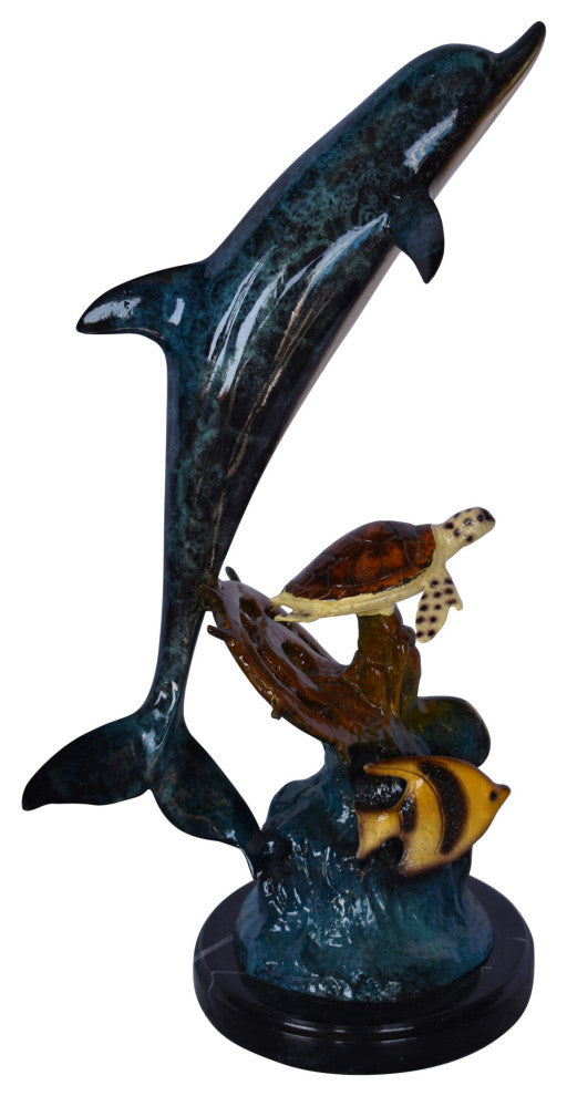 Dolphin with A Turtle, Anchor and Fish Bronze Statue - Size: 6"L x 10"W x 19"H
