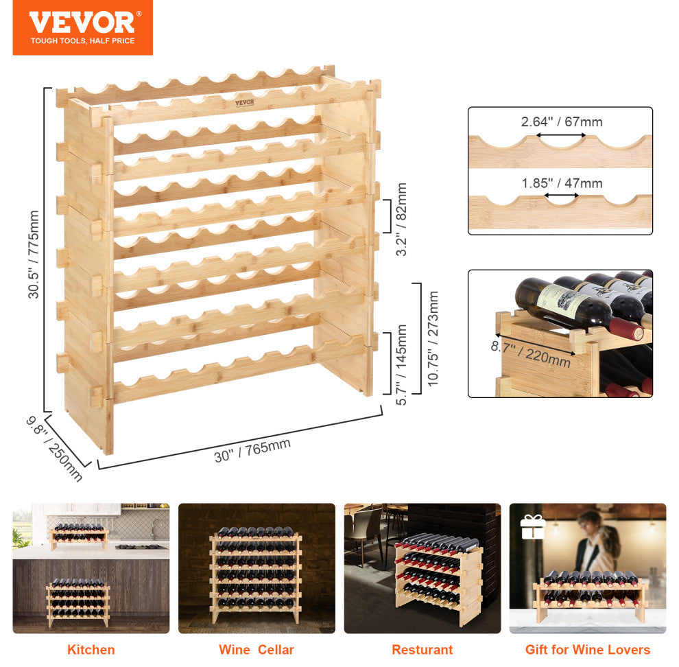 VEVOR Stackable Modular Wine Rack Bamboo Wood Display Shelf, 6 Tier, 48 Bottle