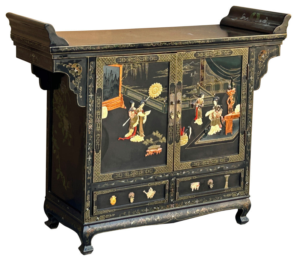 Vintage Chinoiseries Black Stone Inlay Graphic Credenza Storage Cabinet Hws4256