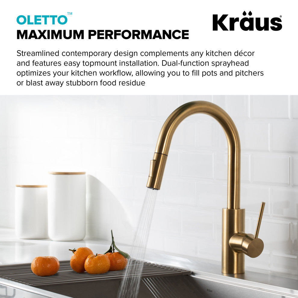 Oletto Pull-Down 1-Hole Kitchen Faucet, Brushed Brass, Water Dispenser Ff-100