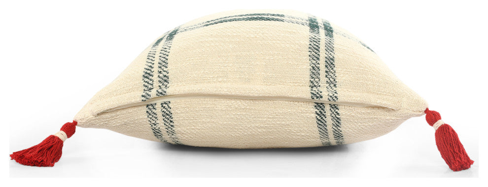 Ox Bay Handwoven Cream/Green Plaid Organic Cotton Pillow Cover, 20"x20"