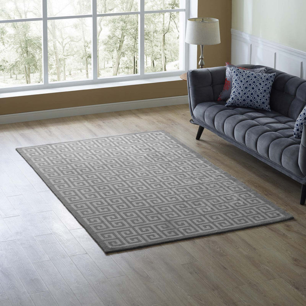 White and Light Gray Freydis Greek Key 5x8 Area Rug