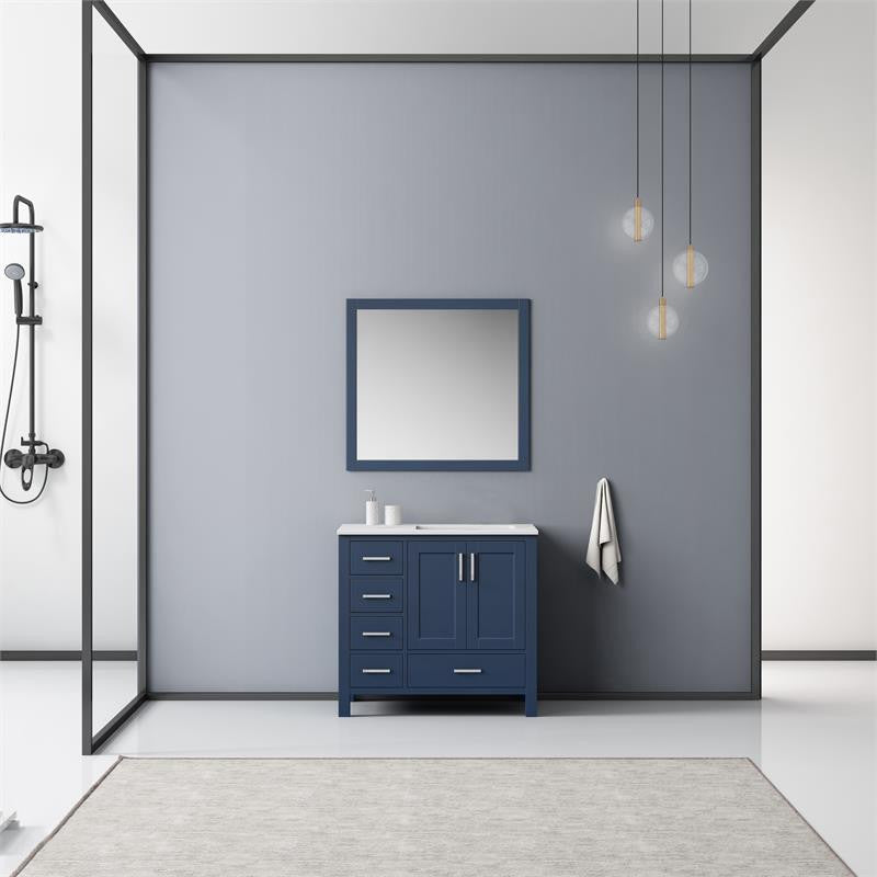Lexora Home Jacques 36" Carrara Marble Top Single Vanity in Navy Blue