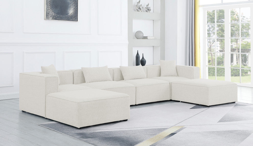 Cube Upholstered Modular Sectional, Cream, 6-Piece: 2 Armless Chair, 2 Corner Chair, 2 Ottoman, Linen Texured Fabric