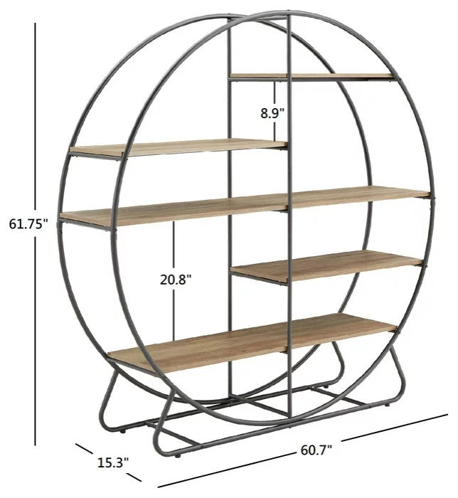 Unique Bookcase, Round Design With Black Metal Frame With Multiple Open Shelves