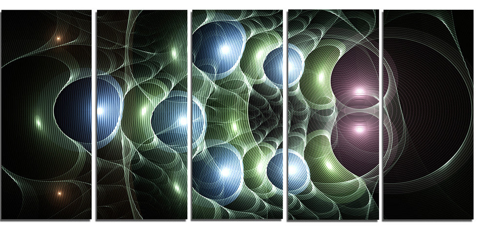 Light Blue 3D Surreal Circles, Abstract Art on Canvas, 60"x28", 5 Panels