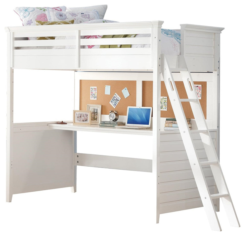 White Twin Loft Bed with Desk, Safety Rails, and Ladder, Wooden Frame