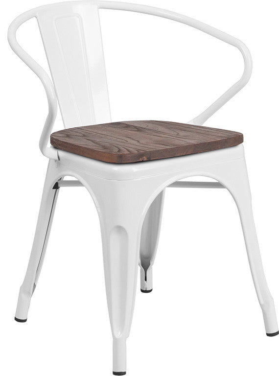 White Metal Chair with Wood Seat and Arms