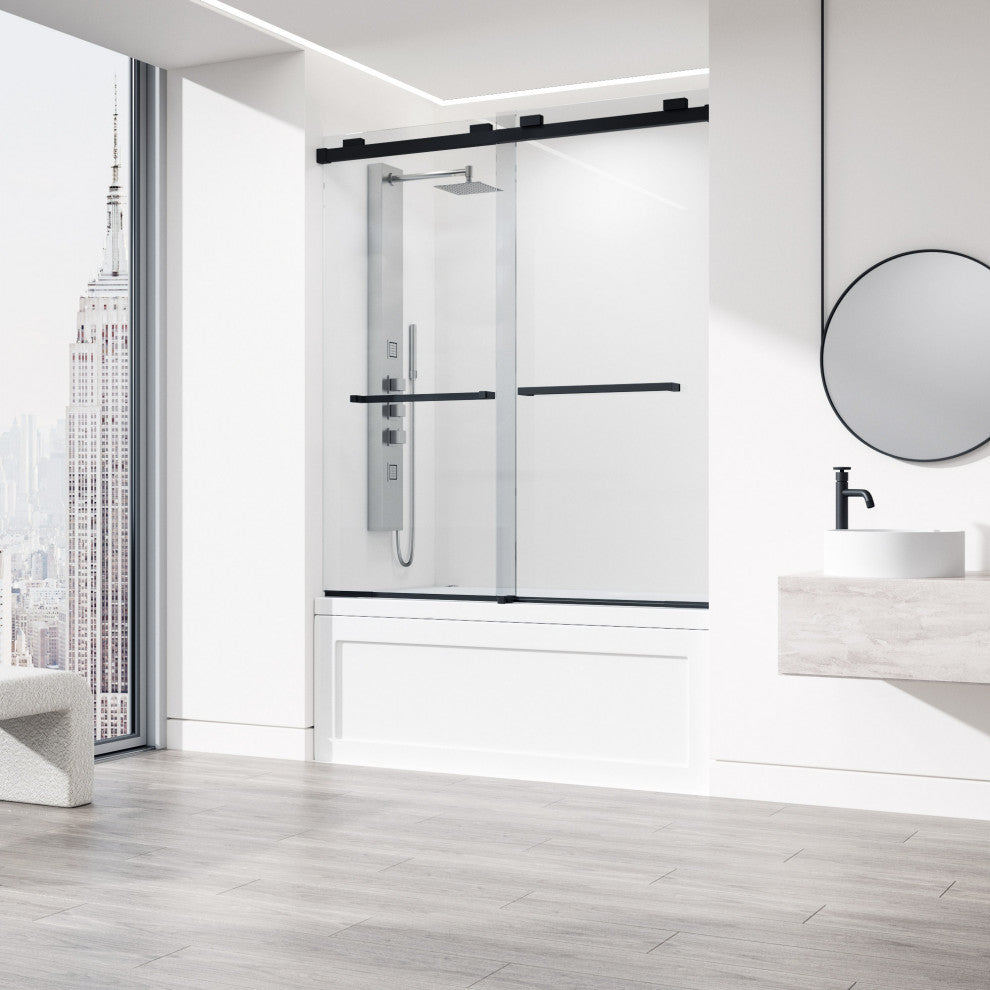 VIGO Houston Frameless Sliding, V-Motion, Matte Black, Tub Door, 56" to 60" W X 66" H, Clear Glass
