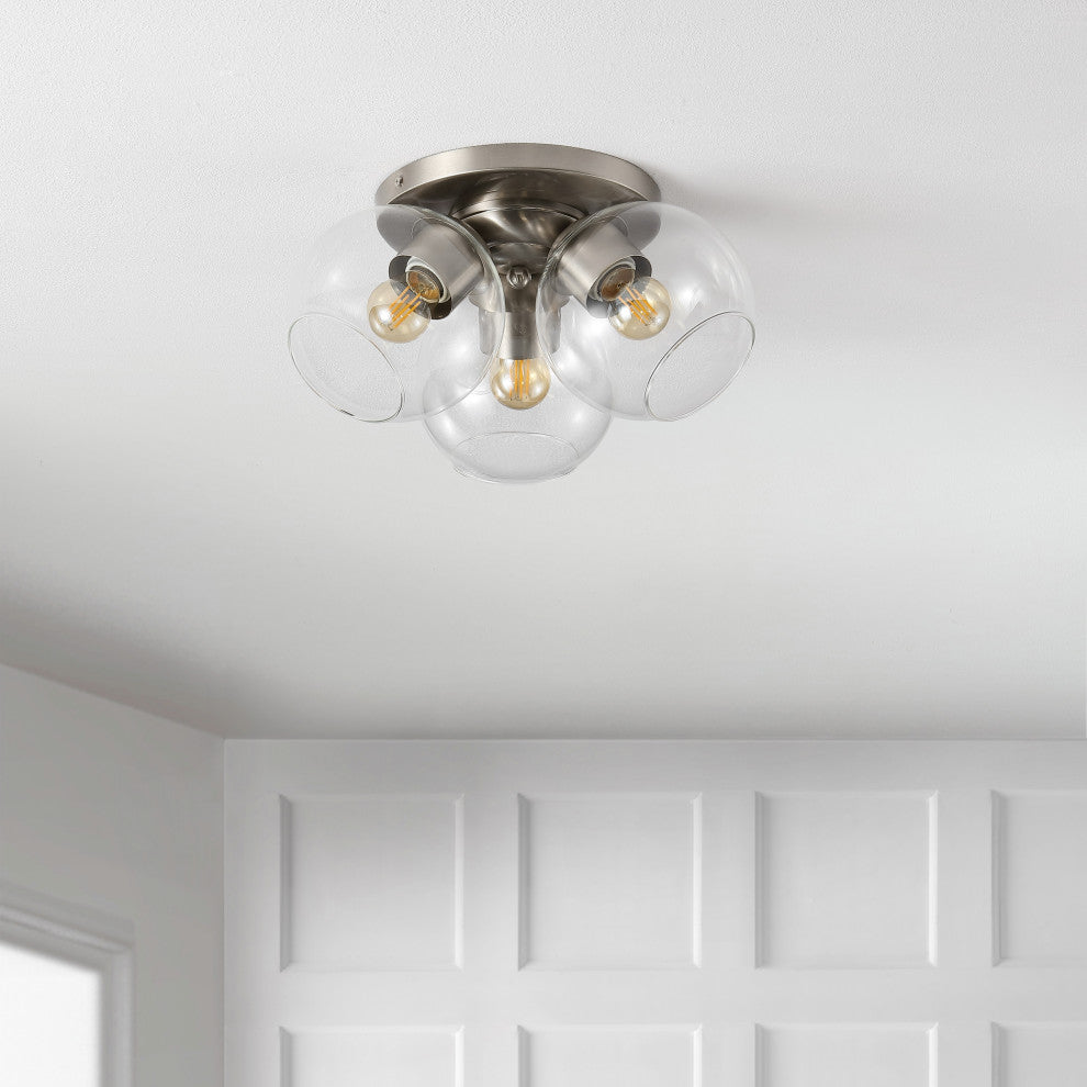 Iris 11.5" 3-Light Farmhouse Rustic Iron/Glass LED Semi Flush Mount, Nickel