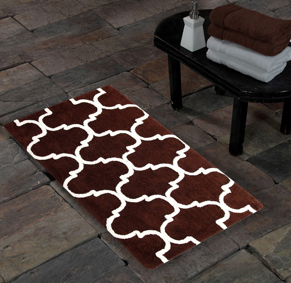 Cotton Dual Color Geometric Pattern Bath Rug, Chocolate/Ivory, 50"x30"