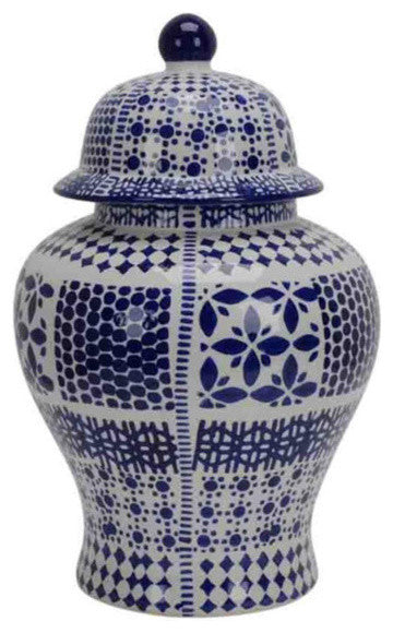Ceramic Traditional Temple Lidded Jar in White and Blue finish