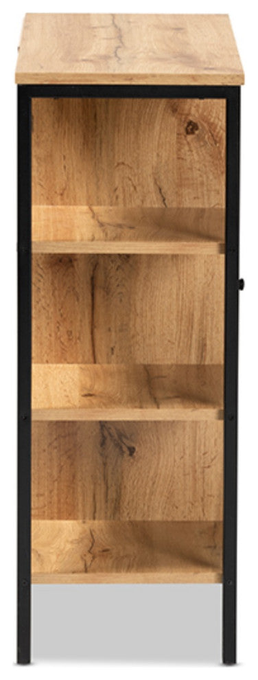 Oak Brown Finished Wood and Black Finished Metal 1-Door Shoe Storage Cabinet