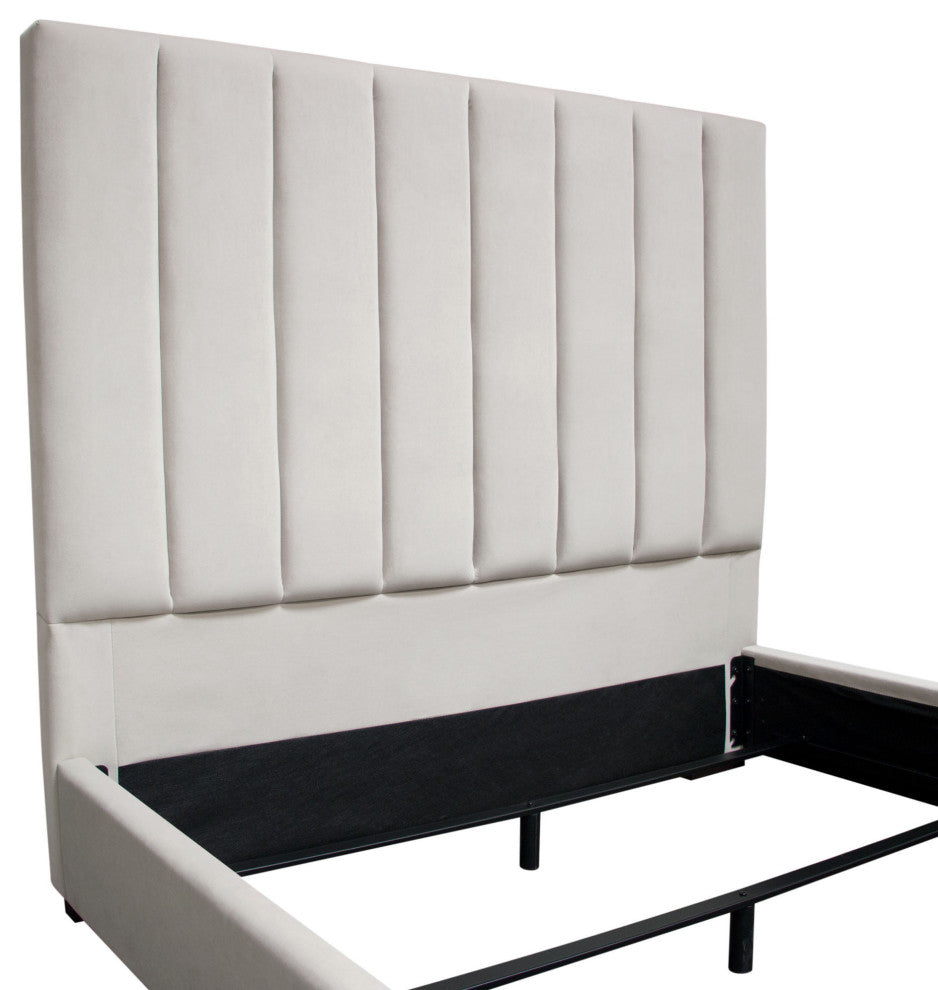 Venus Vertical Channel Tufted Queen Bed in Light Grey Velvet