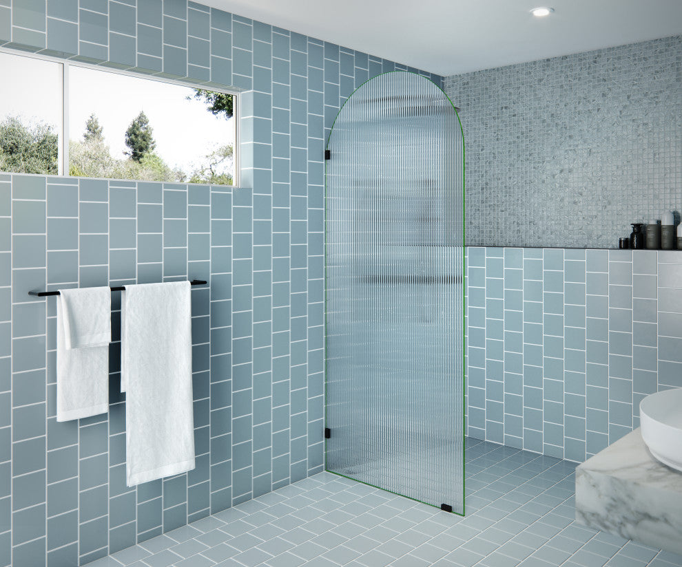 34"x86.75" Frameless Shower Door, Arched Fluted Single Fixed Panel, Matte Black