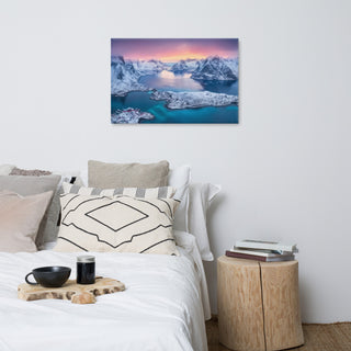 Reine at Winter Sunset Icy Mountain Landscape Photo Canvas Wall Art Prints, 24" X 36"