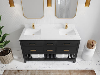 Parker 60" Double Sink Bath Vanity, Black 1.5" Empira White Quartz