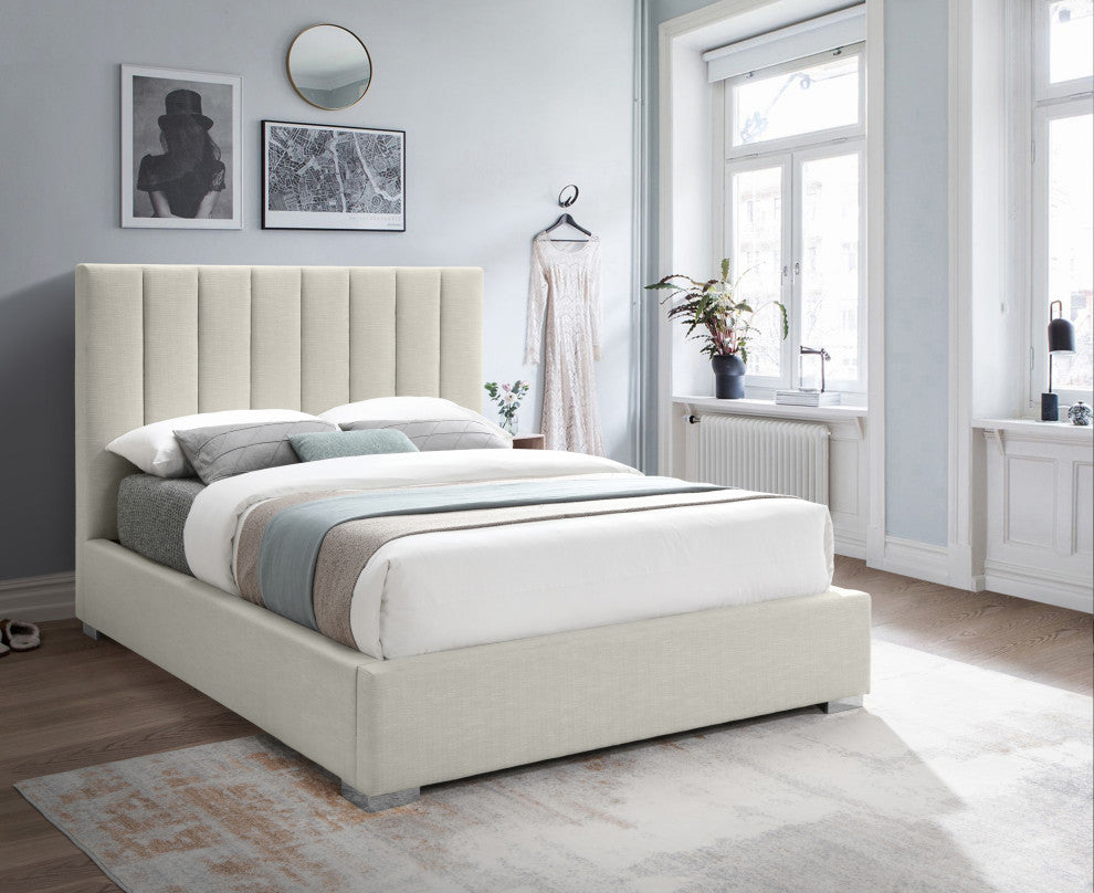 Pierce Linen Textured Fabric Upholstered Bed, Beige, Queen
