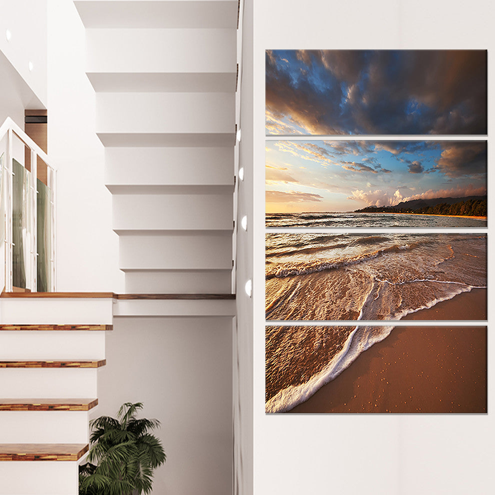 Cloudy Sky over Wide Seashore, Large Seashore Canvas Print, 28"x48", 4 Panels