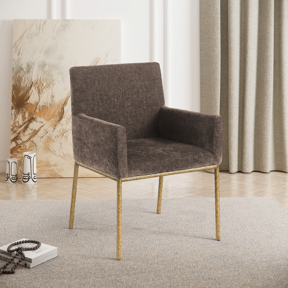 Reeves Upholstered Dining Chair, Brown, Chenille , AC,  Brushed Brass, Set of 2