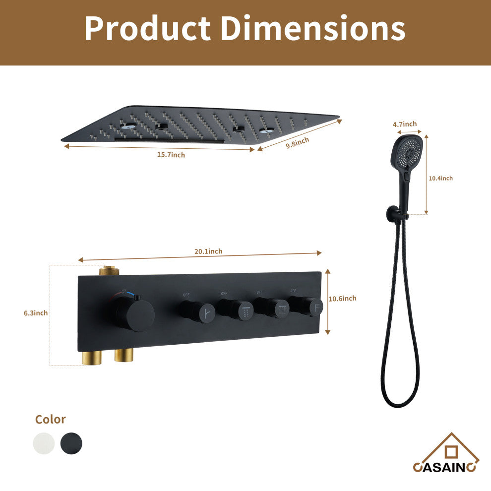 16 Inch Luxury Thermostatic Shower System, Matte Black