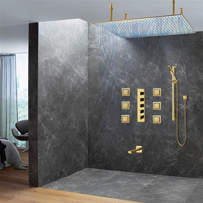 Led 20*40" Large Gold Rainfall Shower System, Handheld Shower, 6-Body Jets