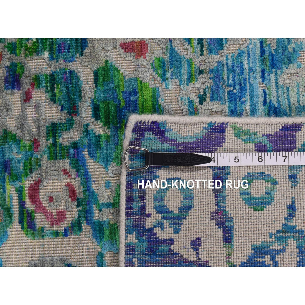 Sapphire Blue, THE PEACOCK, Sari Silk, Hand Knotted, Oriental Rug, 5'1"x7'