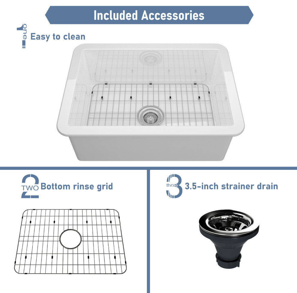 27in Undermount Single Bowl Fireclay Kitchen Sink with Grid and Drainer, Glossy White